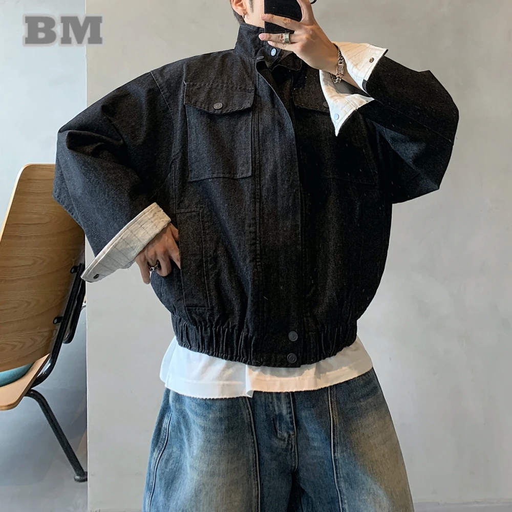 

Mens Vintage Faux Two Piece Denim Jacket Patchwork Oversized Stand Collar Streetwear Trendy High Quality Spring Autumn Casual