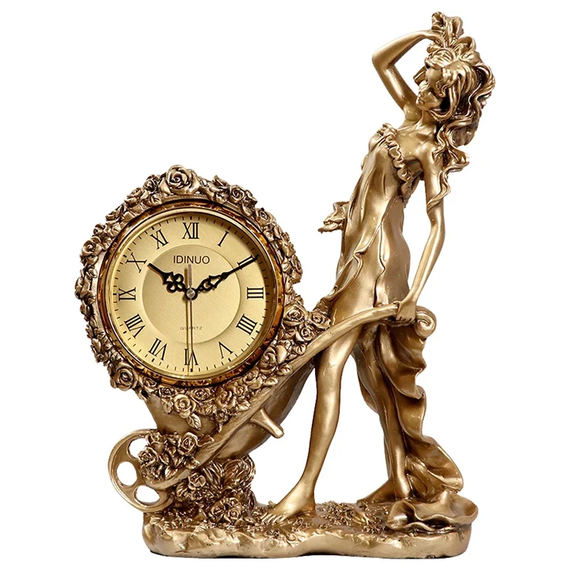 European Antique Crafts Clocks Resin Retro Watches Table Clock Goddess Figurine Quartz Mute Desk Clocks Home Decor