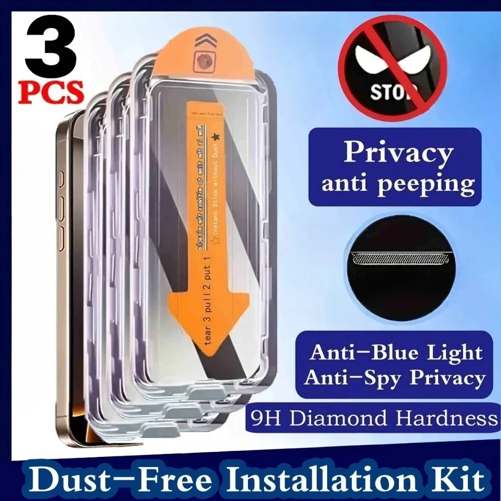 3 Stück Anti-Spionage-Hartglas für iPhone 16 15 14 Pro Max 16e 14 15 Plus 13 12 11 Pro X XR One Click Staubfreie Displayschutzfolien