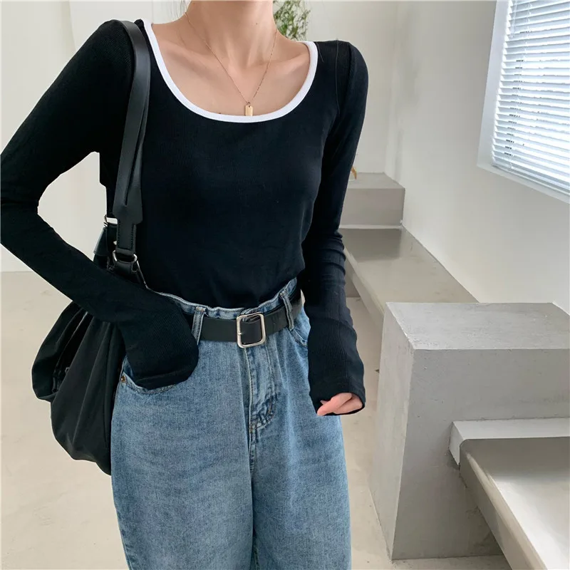 New Y2K Long Sleeve T-shirt Women Kpop Japanese Vintage Crop Tops Woman Sexy Slim Patchwork Tee Shirt Autumn Winter Black Cloths