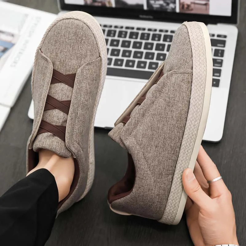 Men's Summer 2026 Casual Breathable Linen Slip-On Shoes Korean Style Low Cut Flat Bottom Rubber Sole round Toe Fashion Sneakers