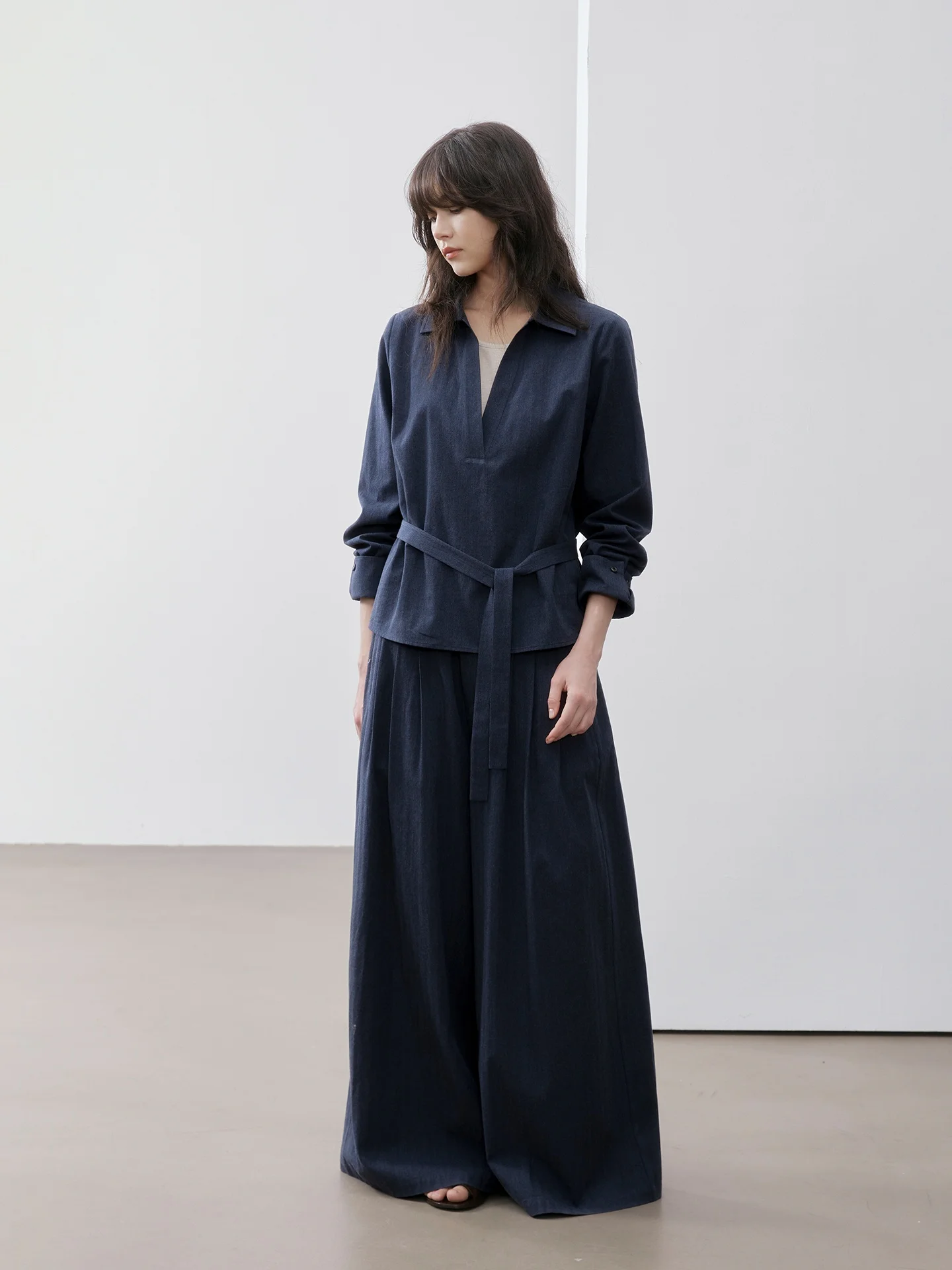 

Loose Wide Leg Pants Set V-Ne Wool Cotton irt Spring 2026 Women's Faion Casual Wear Long Sve Regular Length