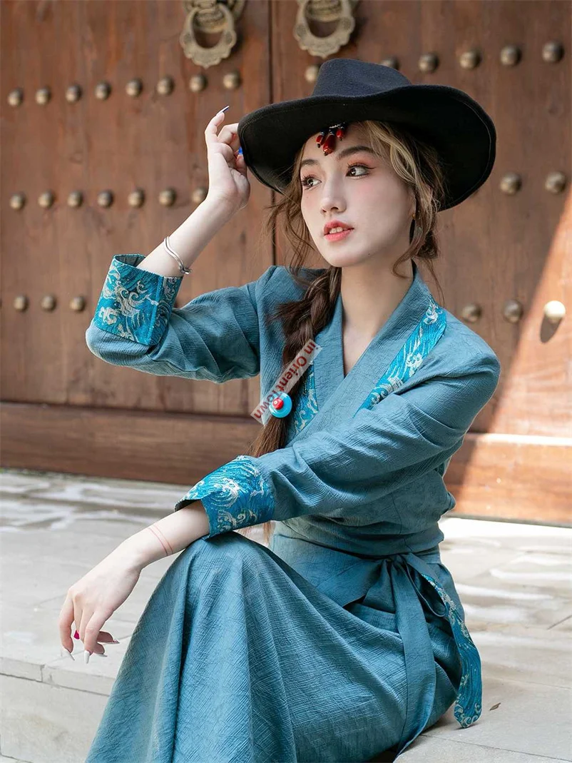 Ethnic Style Hidden Flower Pattern Long Robe Travel Photography Bola Dress Lady Women Summer Tradition Xizang Tibetan Costume