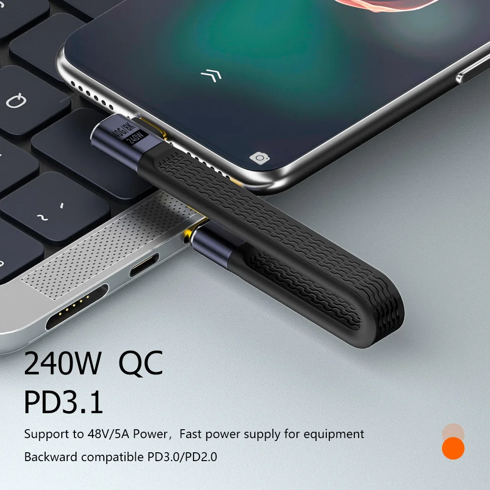 Cable de datos USB C macho a hembra PD, carga rápida 240W, 40gbps FPC, Cable corto tipo C 4,0, Cable de carga de puerto de curva lateral