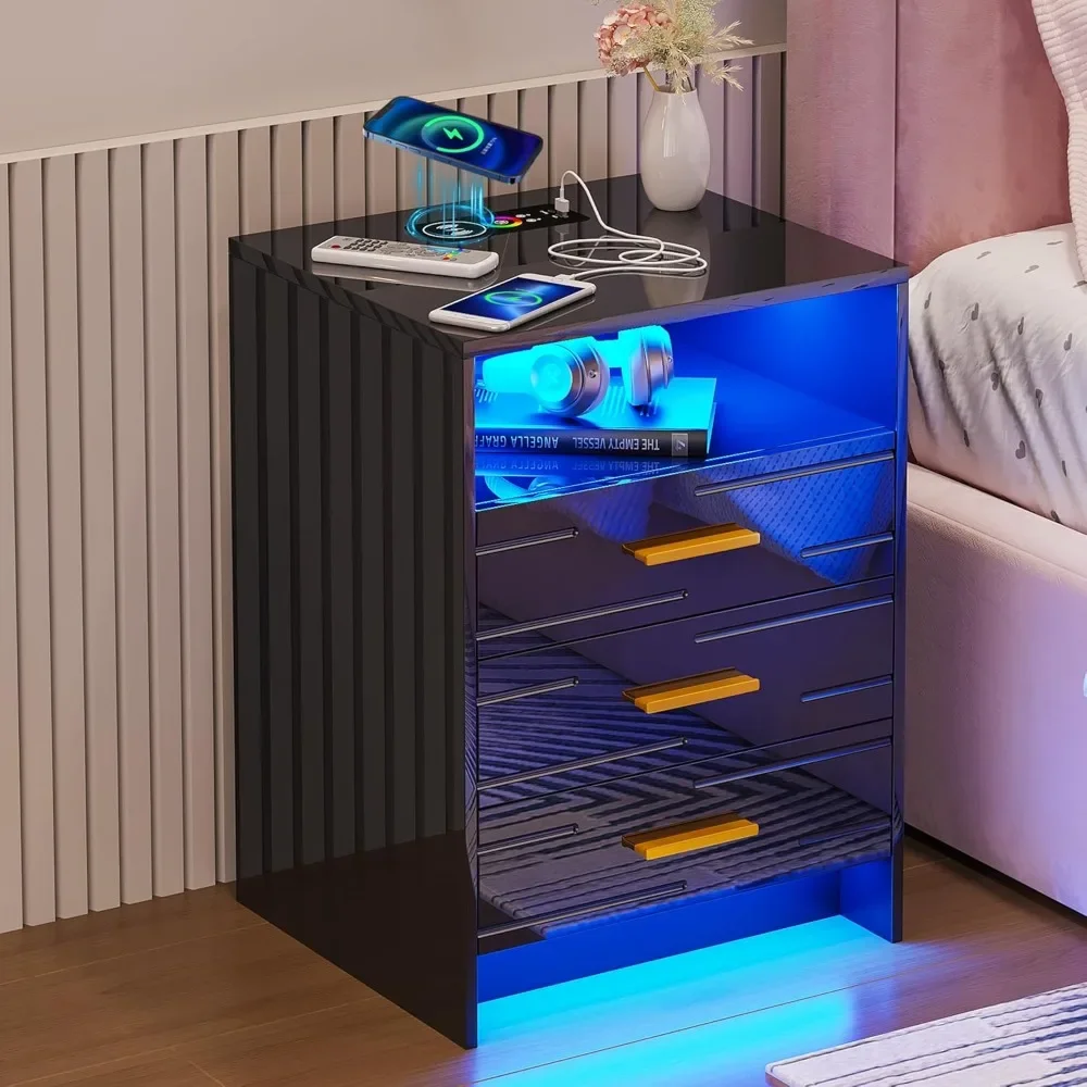 LED Nightstand with Charging Station, High Gloss Black Night Stands with 24 Color Lights, Human Body Induction Bedside Table