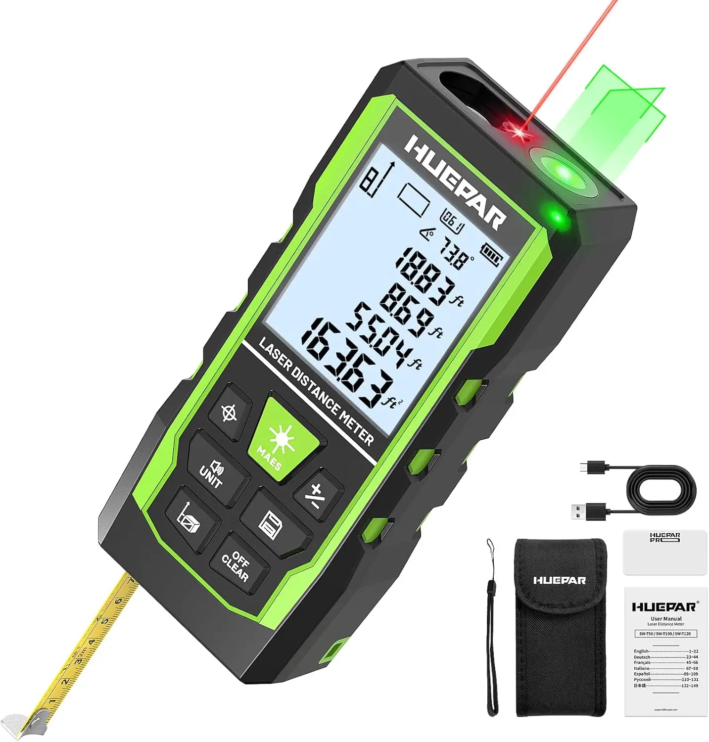

3-in-1 Laser Measuring Tool with 400Ft Range, Green Cross Line Level & Tape Measure, Rechargeable for Construction & Home Use