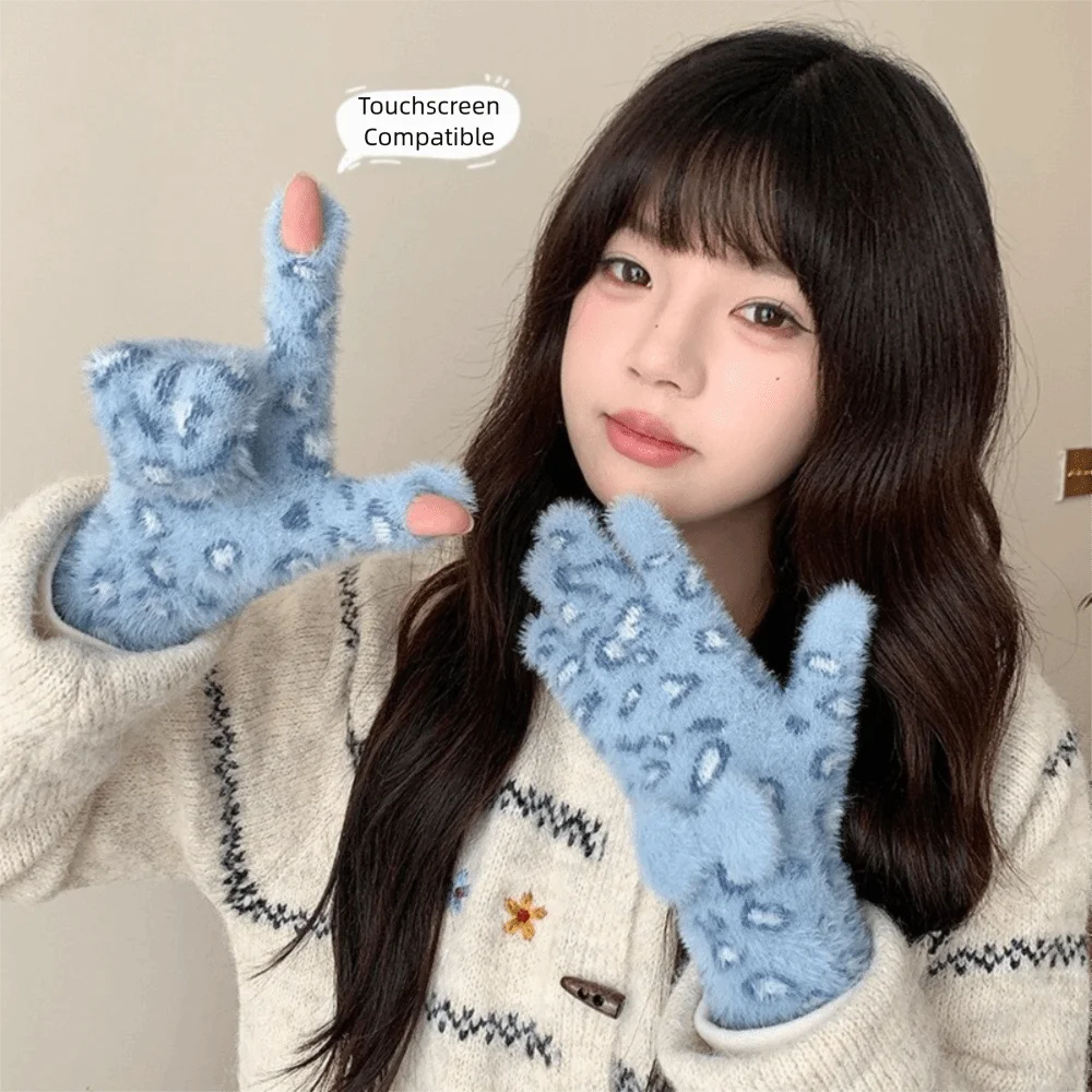 Fashion Mink Velvet Five Finger Gloves Keep Warm Bow Gloves Leopard Print Cold-proof Gloves Women