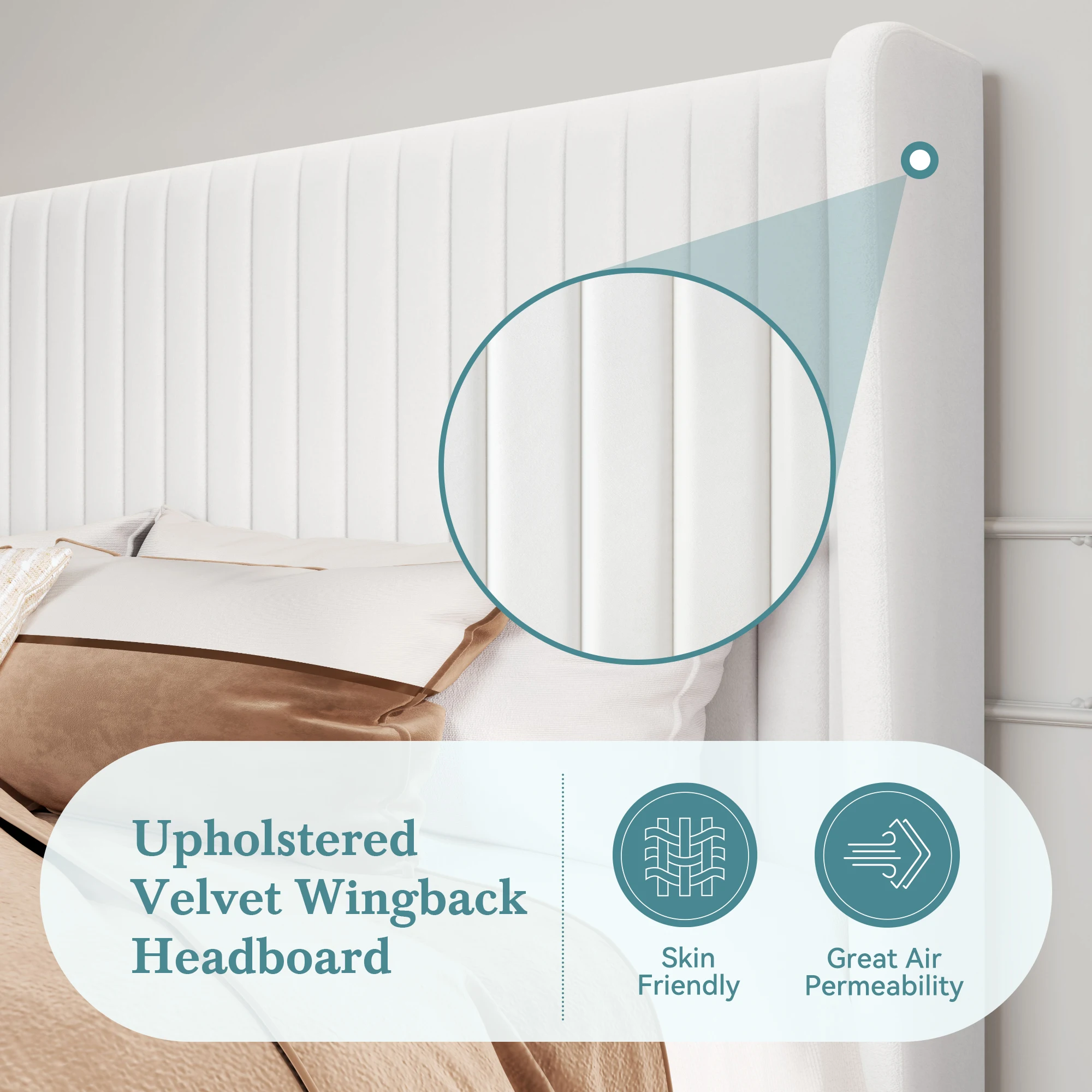 إطار سرير منجد مخملي من HOOMIC، لوح رأسي معنقدة بقناة عمودية، شرائح خشبية تدعم Allewie #3