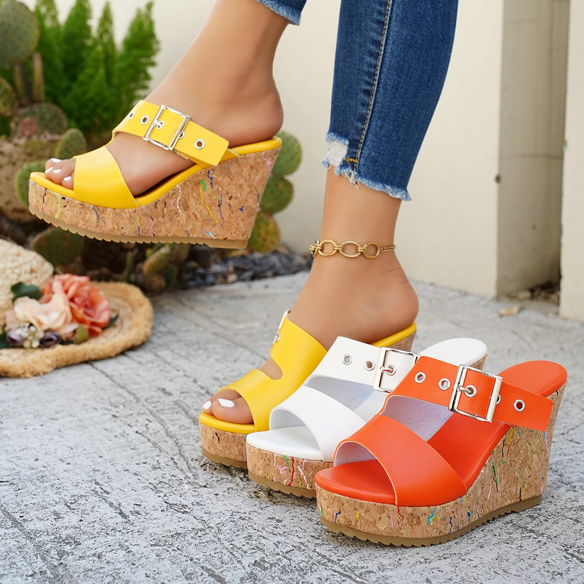 Women Platform Wedges Sandals Fashion Roman Buckle Sandals Women Peep Toe High Heels Shoes Summer Leisure Beach Shoes for Women