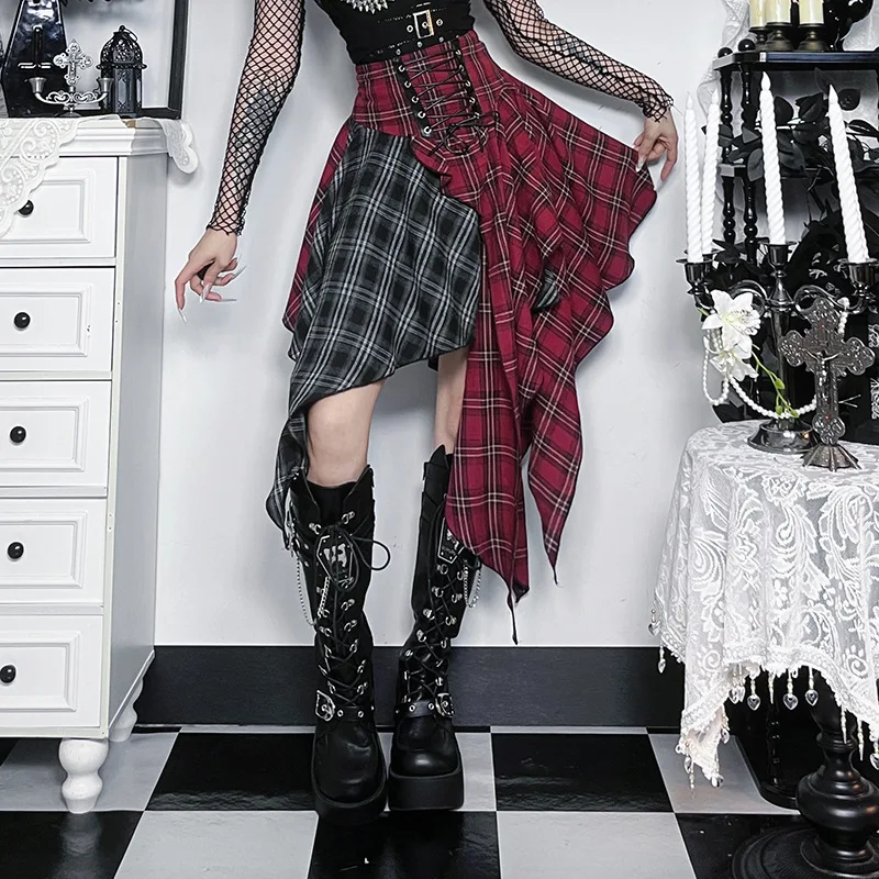 

Готическая юбка в стиле пэчворк с нерегулярным кроем, в клетку, для танцев K-pop, повседневная, уличная мода 2026, в стиле Харадзюку, хип-хоп, гранж, эстетика эмо-панк