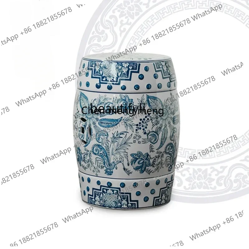 03 Blue and white porcelain low stool Chinese hand-painted French style living room Chinoiserie shoe change