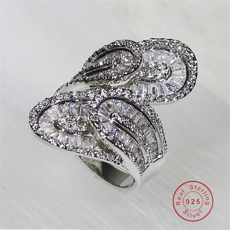 Top Selling Drop Shipping Handmade Luxury Jewelry Real S925 Silver Princess Cut Diamond Party Women Wedding Leaf Wide Ring Gift