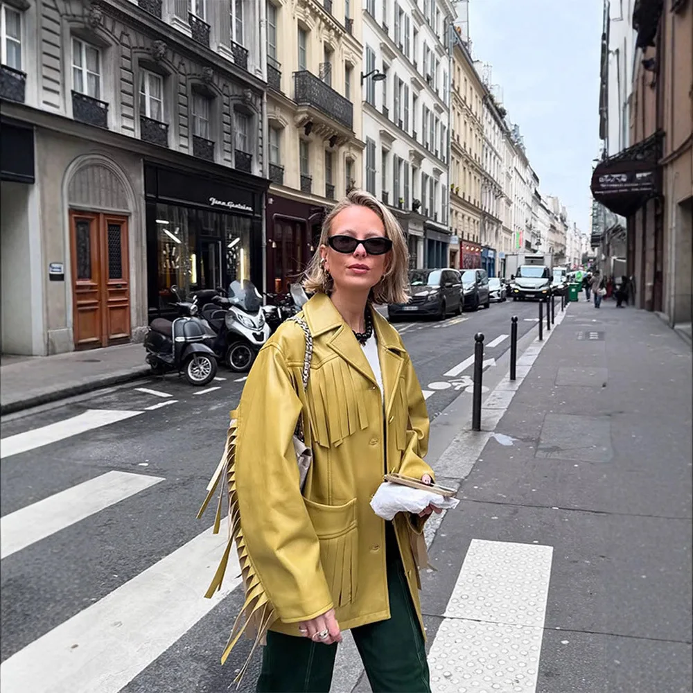 Kurtka skórzana damska w stylu streetwear, jednolity kolor, z frędzlami, nowość na jesień i zimę, styl europejski i amerykański.