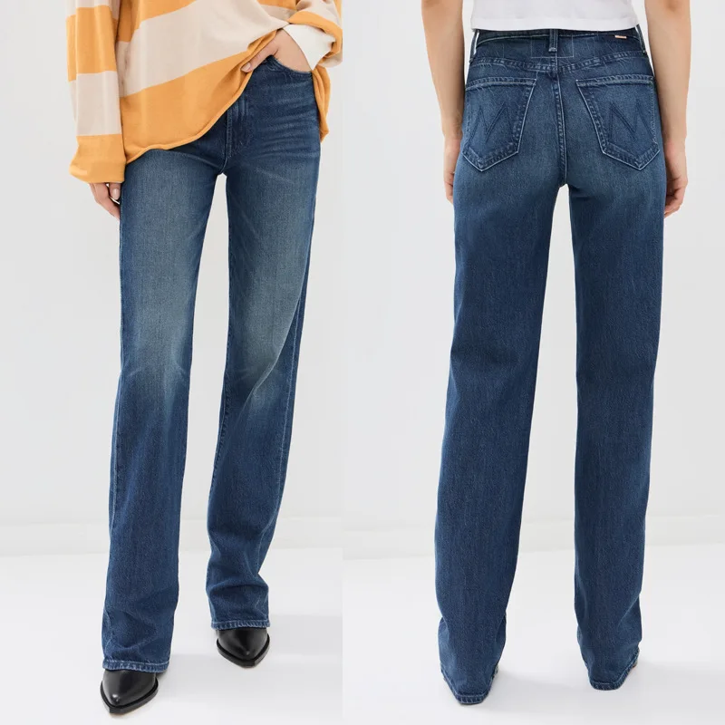 

Women High waisted navy blue Tencel elastic straight leg denim pants