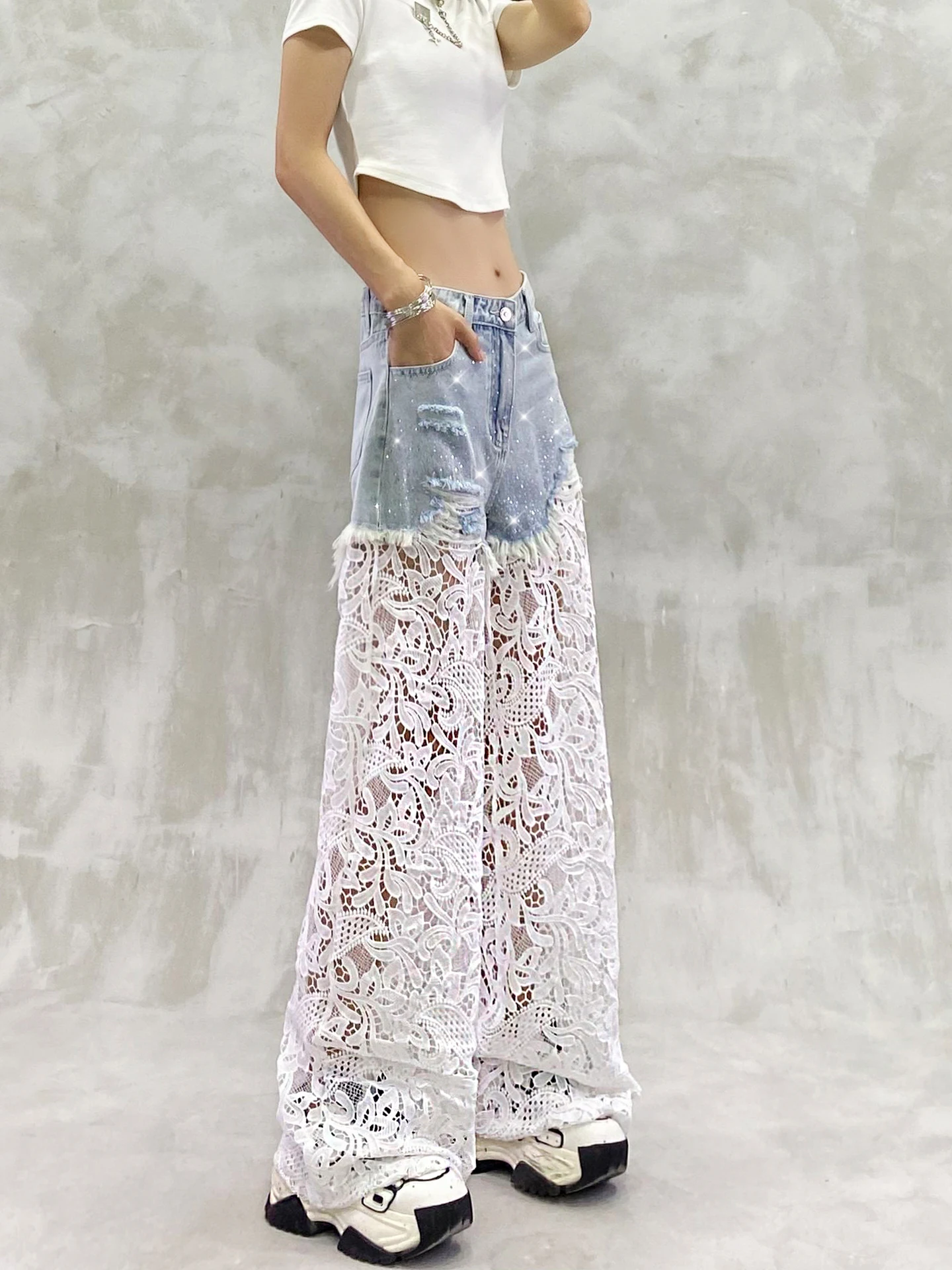 2025 Summer New Women's Lace Patchwork Design Casual Jeans High Waist Loose Slimming Versatile Hollow Out Wide Leg Pants