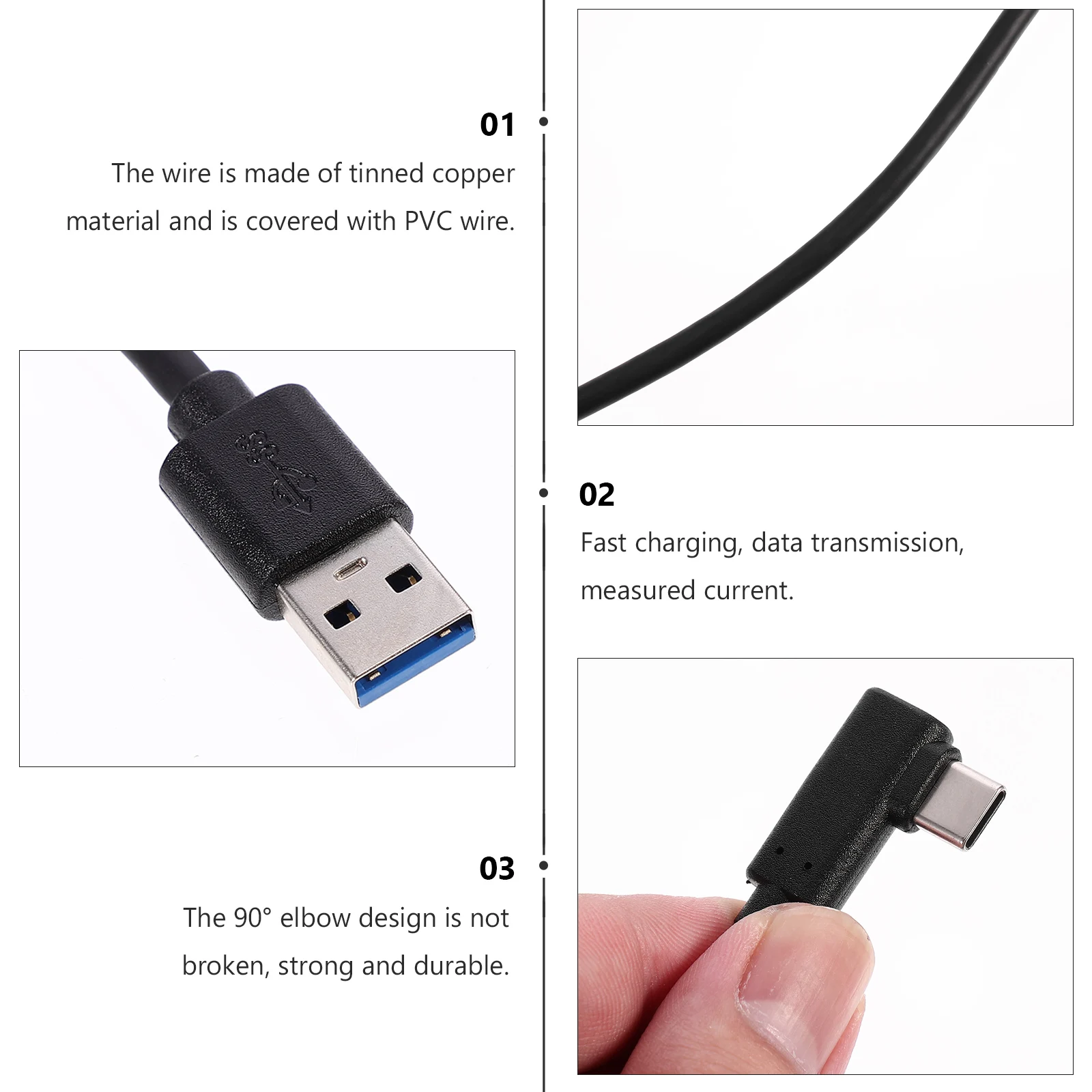 

1pc Cable Elbow Charging Line USB C to Type C Fast Data Transfer Durable Tin-Plated Copper PVC Coating for Cell