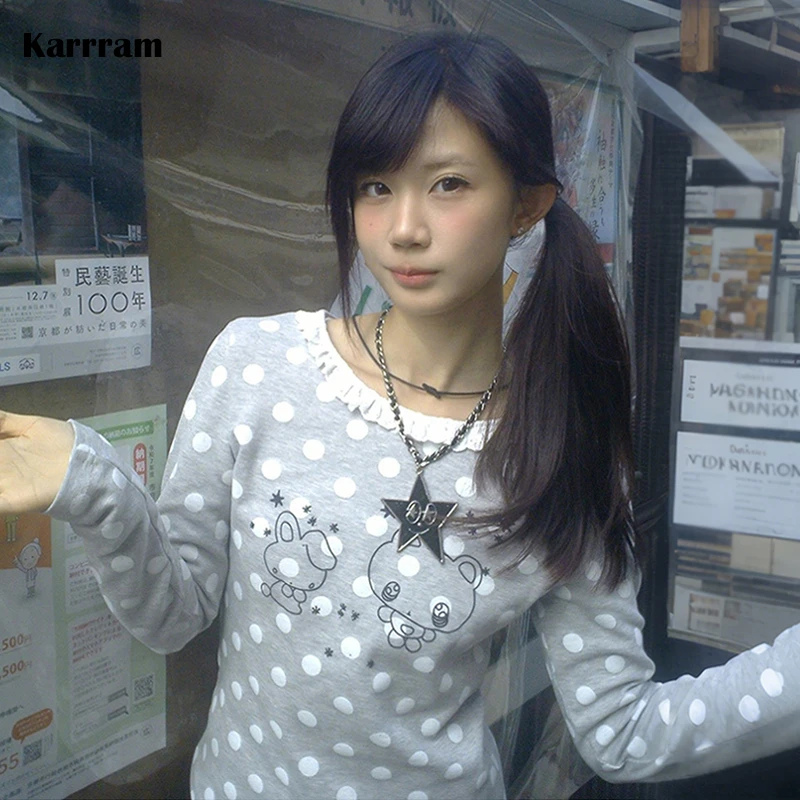 Karrram японский Y2k кружевные лоскутные топы винтажная футболка с мультяшным принтом в стиле Харадзюку 2000-х годов Kawaii футболка в горошек с длинными рукавами милая
