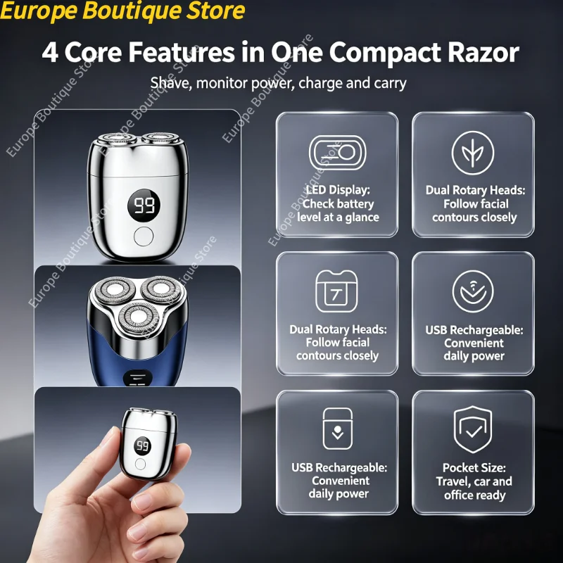 USB Rechargeable Digital Display Men Electric Shaver Light Compact Car Travel Beard Razor