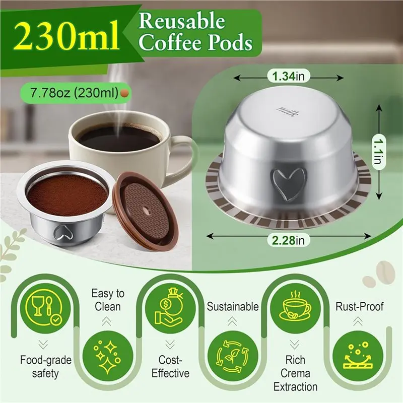 ABUD-2X Reusable Coffee Pods Kit, 230Ml Stainless Steel Coffee Capsule,For Nespresso Vertuo Machines, Includes Silicone Lid