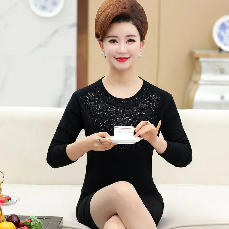 Elegant O-Neck Knitted Sequined Diamonds Sweaters Women\'s Clothing 2023 Autumn Winter Loose Office Lady Pullovers All-match Tops