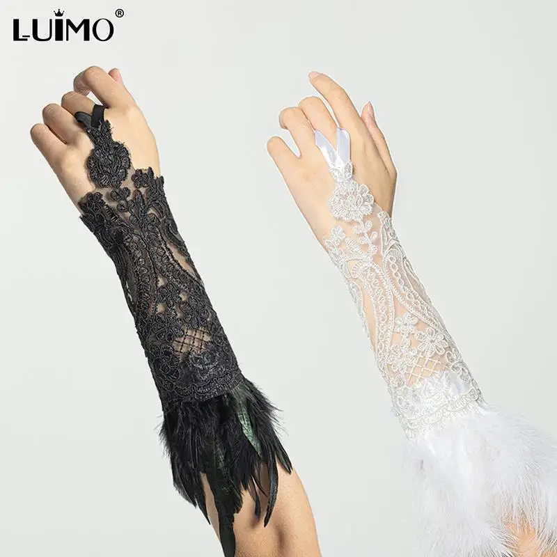 Natural Feather Black White Lace Long Gloves Women Party Sexy Fingerless Gloves Exaggerated Lace Fishnet Gloves Y2k Accessories