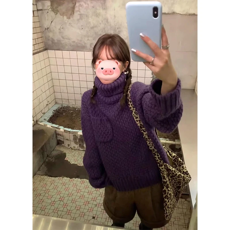Vintage Turtleneck Sweater Women Harajuku Long Sleeve Knitted Pullovers Winter Aesthetic Pocket Knitwear Korean Casual Jumpers