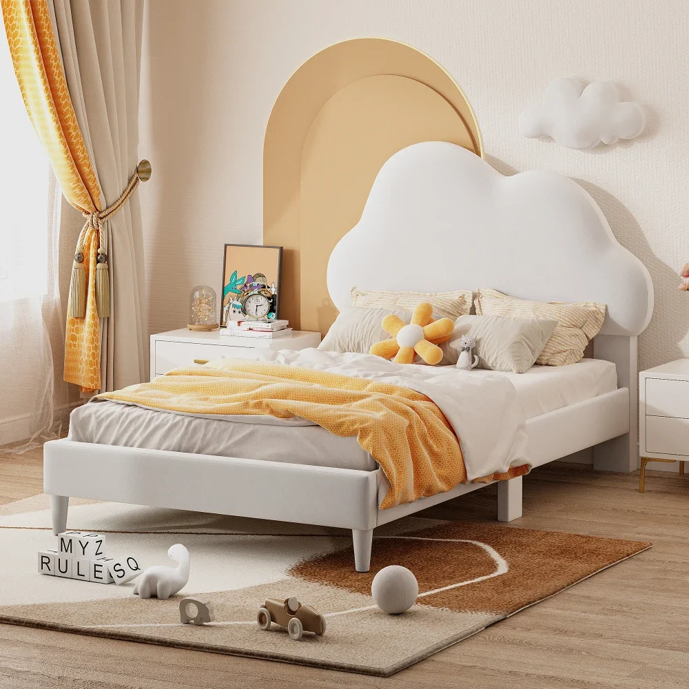 Twin cushion cloud shaped velvet platform bed with headboard, no need for springs Solid Construction Easy to Install