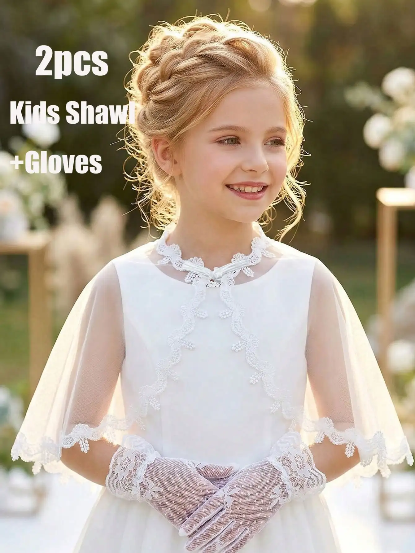 Immagine 4: Set di 2 Pezzi per Bambine 3-8 Anni: Sciarpa Bianca da Principessa + Guanti in Pizzo con Fiocco, Accessori per Matrimoni, Feste e Servizi Fotografici