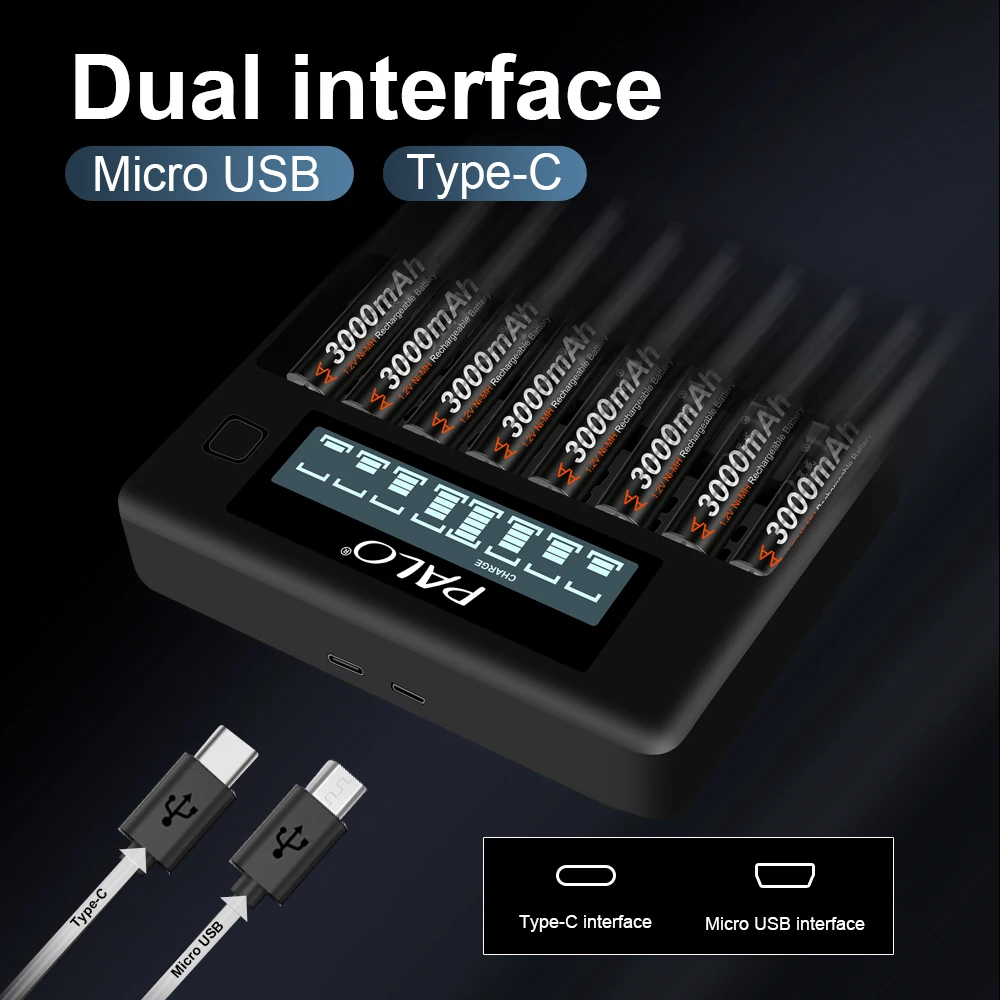PALO 8 Slots 1.2V AA AAA Rechargeable Battery Charger LCD Smart USB Fast Charger For NI-MH NI-CD AA AAA Battery Independent Slot