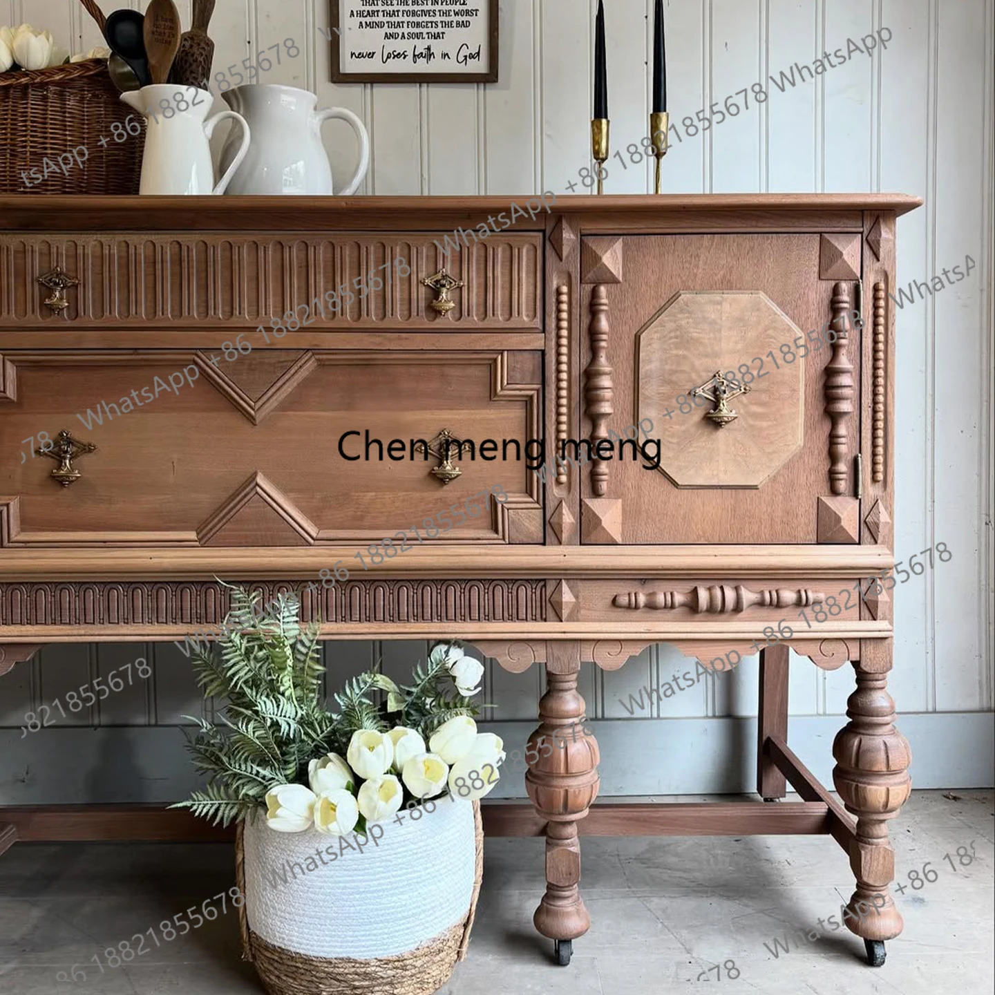 American carved dining side cabinet French retro decorative cabinet Solid wood side cabinet Villa furniture customization