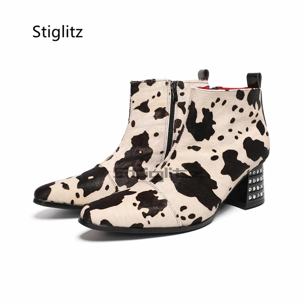 Men Cow Print Pony Hair Ankle Boots Pointed Toe Side Zip Chelsea Boots Rhinestone Decor Block Heels Party Dress Shoes Plus Size