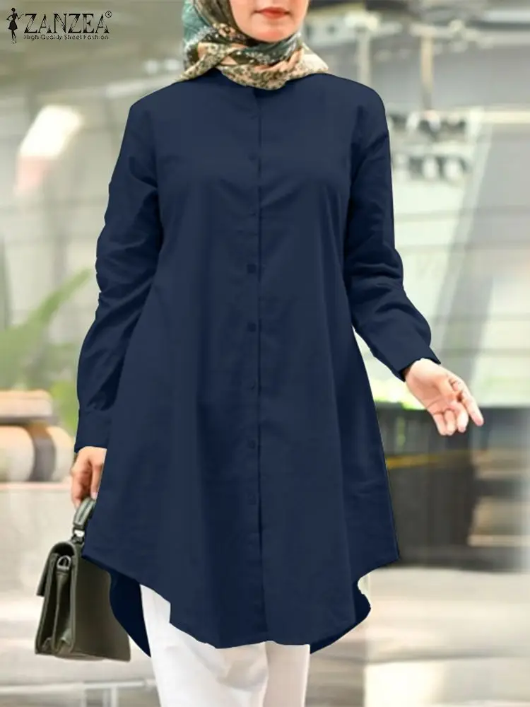 ZANZEA 2023 Autumn Women Muslim Shirt Fashion Elegant Solid Tops Casual Loose Dubai Abaya Blusas Long Sleeve Buttons Down Blouse