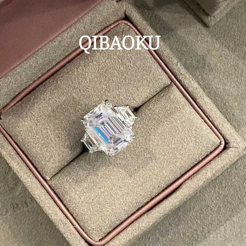 QIBAOKU Luxury 10CT Radiant/Emerald Cut Moissanite Rings 100% S925 Silver 3-Stone Ice-cut Diamonds Women Men Wedding Jewelry