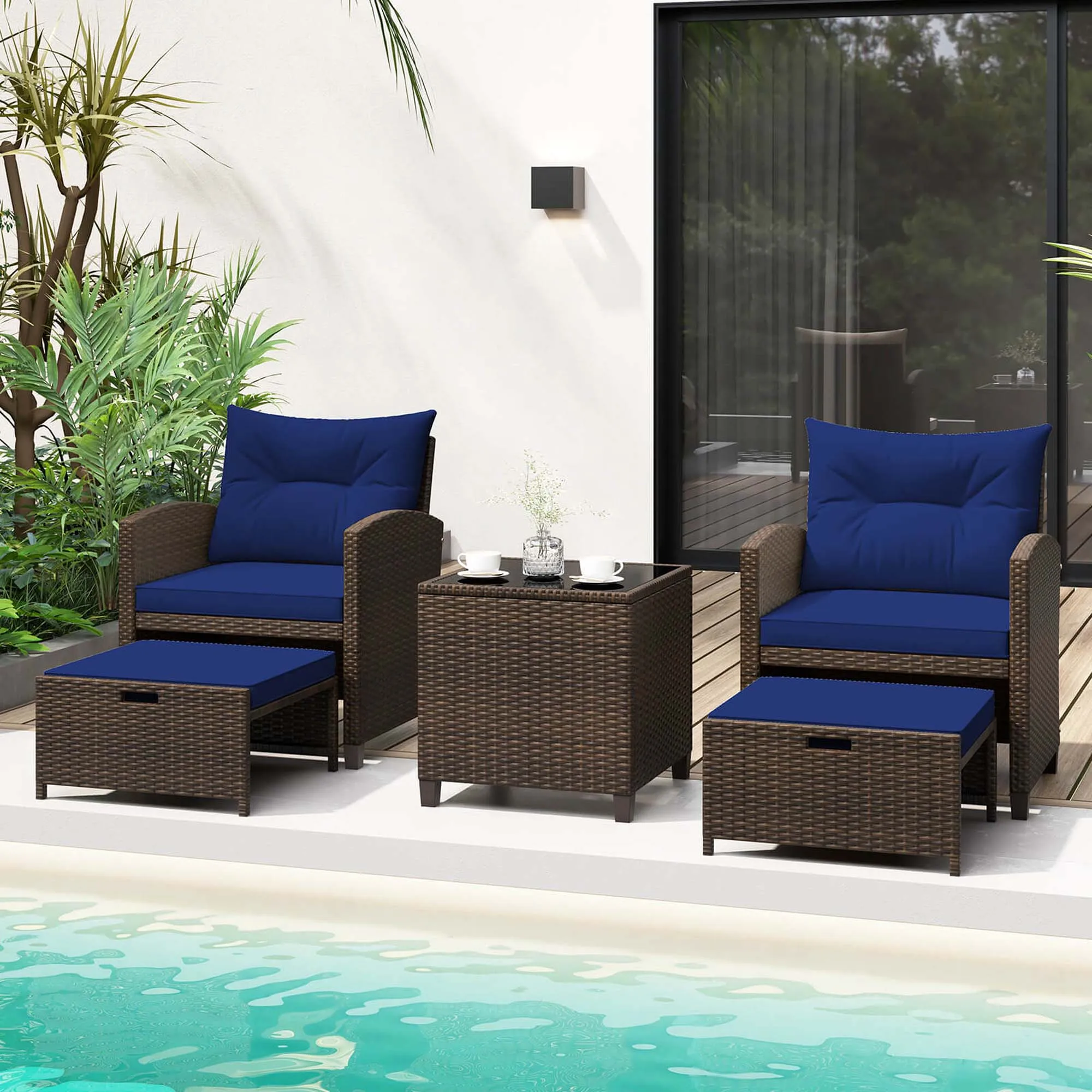 

5 PCS Patio Rattan Furniture with 2 Wicker Ottomans & Tempered Glass Coffee Table Navy