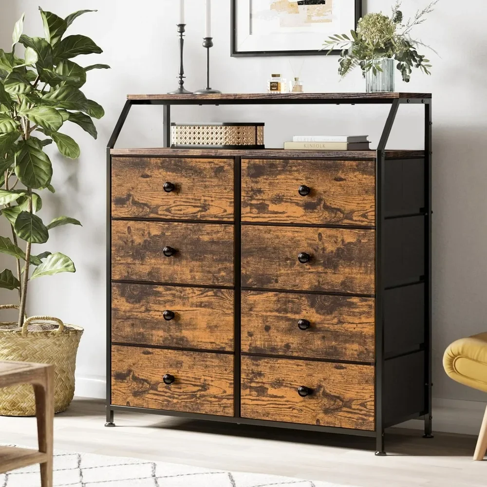 Dresser for Bedroom with 8 Drawers, Tall Chest of Drawers with Shelf Steel Frame, Large Storage Tower Organizer Unit, Dressers