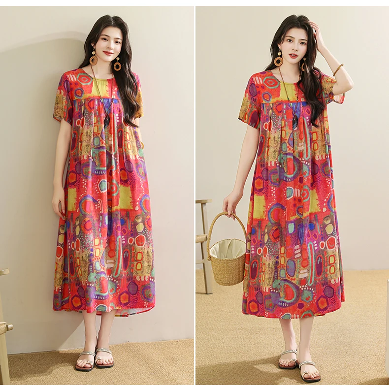 New 2025 Summer Dress For Women Plus Size Dress Casual Short Sleeve Boho Vintage Print Long Maxi Dress Beach Women Clothing