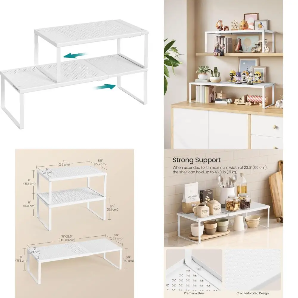 

Pair of Expandable Metal Kitchen Pantry Organizers, Adjustable Spice Racks, Stackable Shelves, Space-Saving, Matte White UKCS402