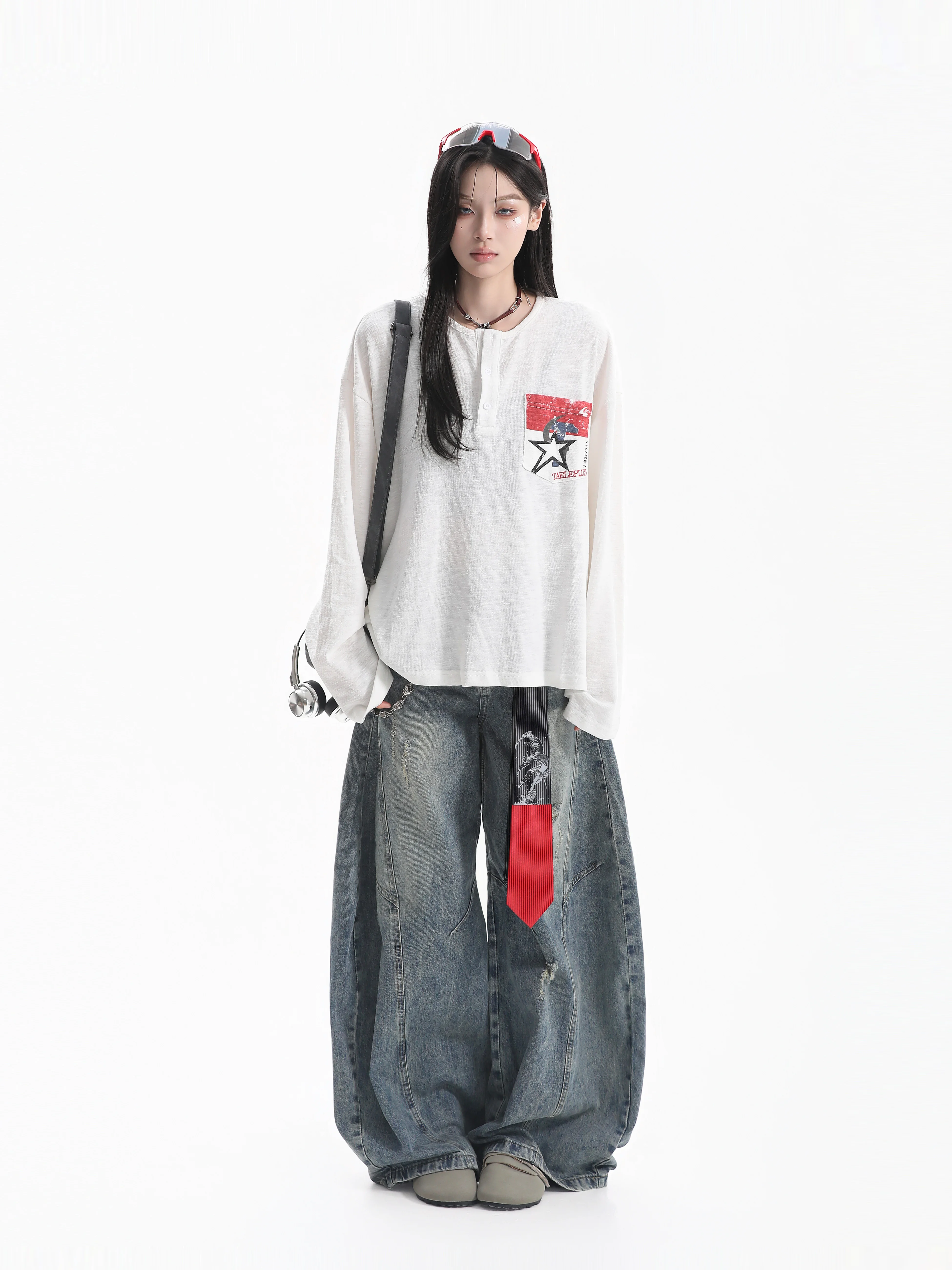 Korean Style Anti-Aging Design Star Print Henry Collar Long Sleeve Women's Sexy Light Cotton T-Shirt Casual Loose Fit Vintage