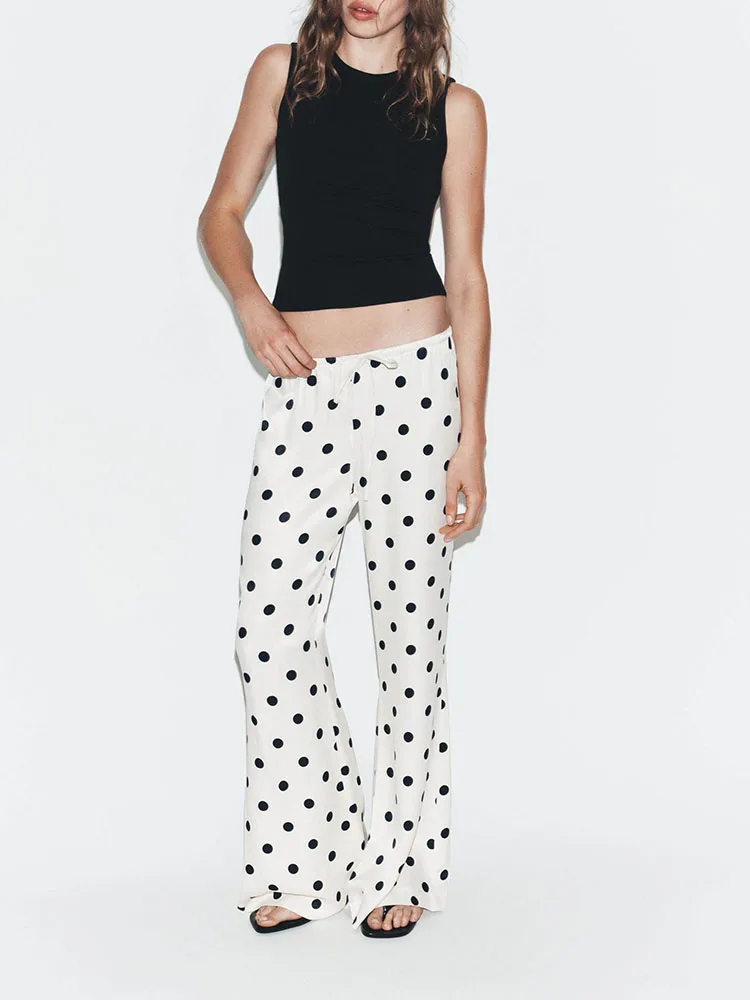 

Spring 2026 Sweet Polka Dot Silk Satin Waist Pants Women's Fashion Narrow Waist Wide Leg Trousers Ethnic Style Long Pants