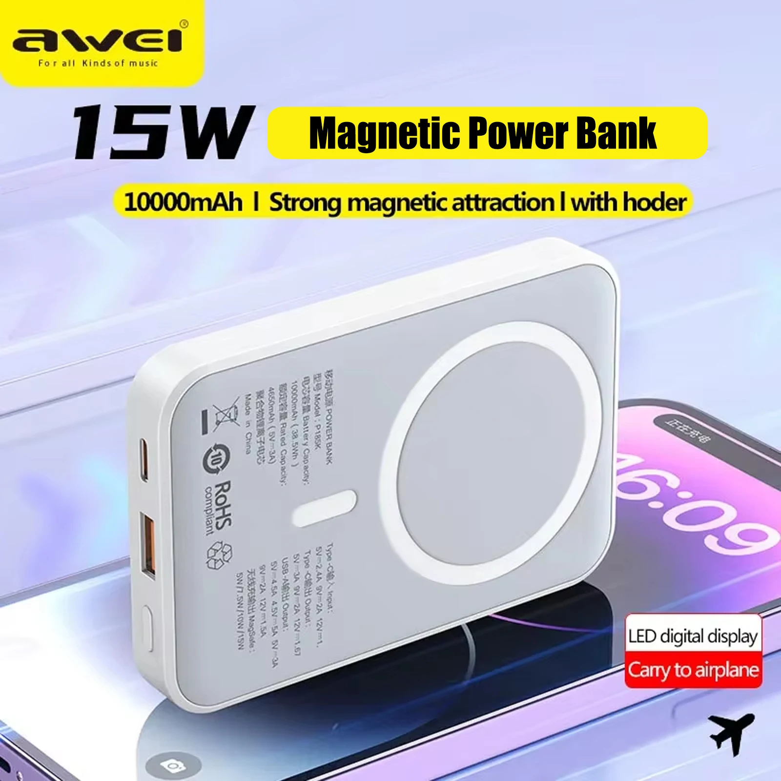 Awei Magnetic Charger P185K 15W Wirless Magnetic Power Bank For iPhone 16 10000mAh Support PD22.5W USB A Outputs Mini Powerbank