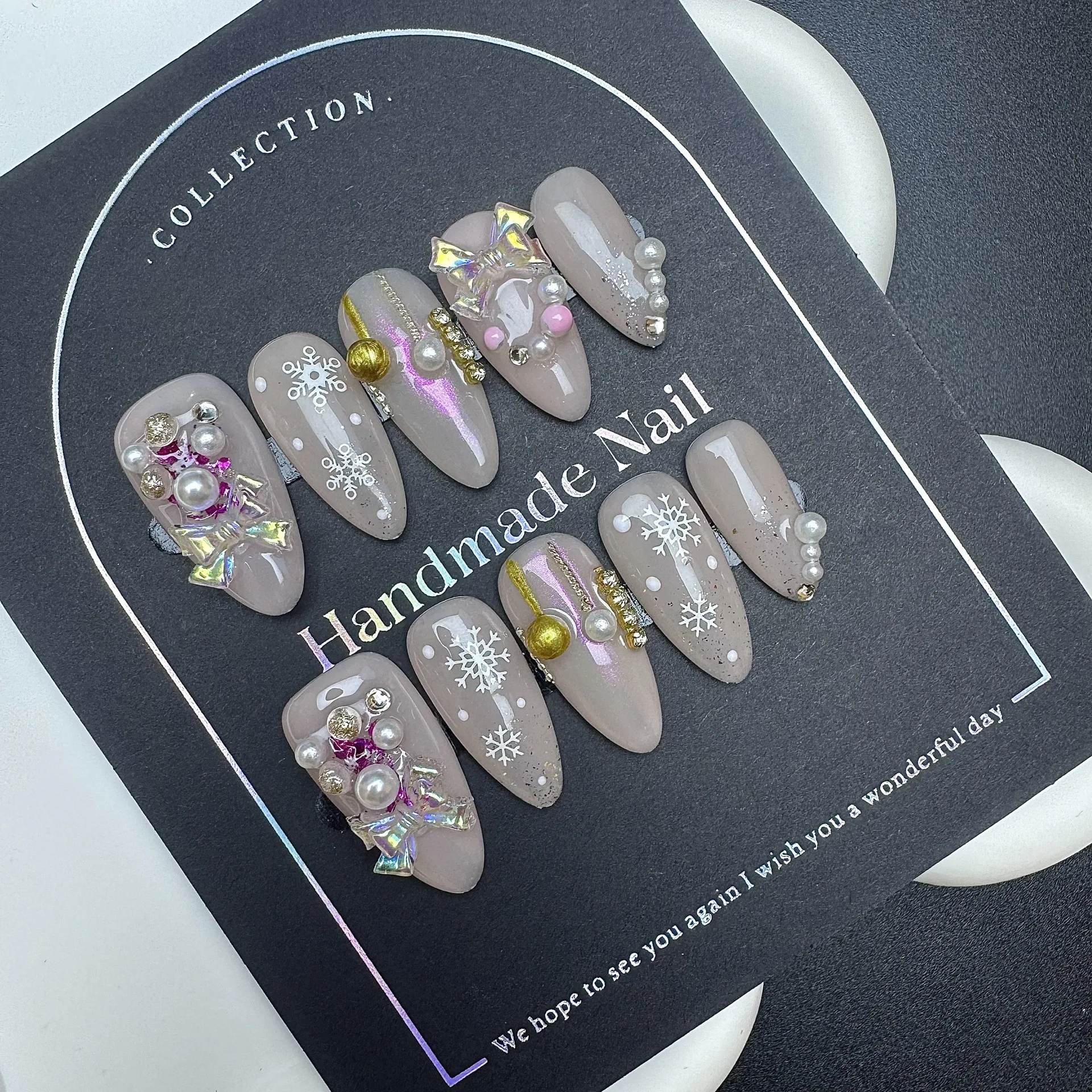 10 stuks handgemaakte pers op nagels kerst amandel naakt nepnagels draagbaar 3D kleurrijke strik parel bal ontwerp Y2k kunstnagels