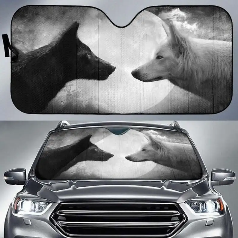 Black & White Wolf Auto Sun Shade Wolf Couple Valentines Day Gift Windshield Sunshade Oxford Cloth Windshield Car Sunshade