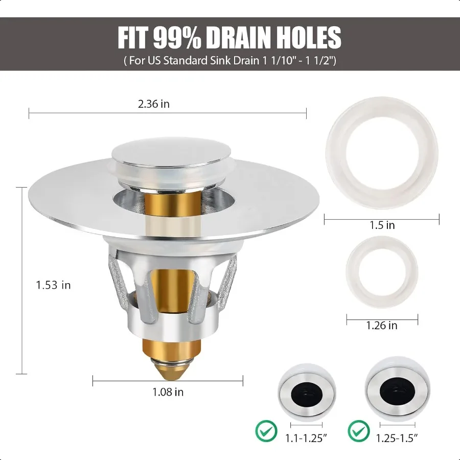 ثلاثة ألوان 2 حزمة بالوعة سدادة 1.11.5 مصفاة حوض الحمام العالمي استنزاف سدادة حوض غسيل المنبثقة ترتد الأساسية دفع