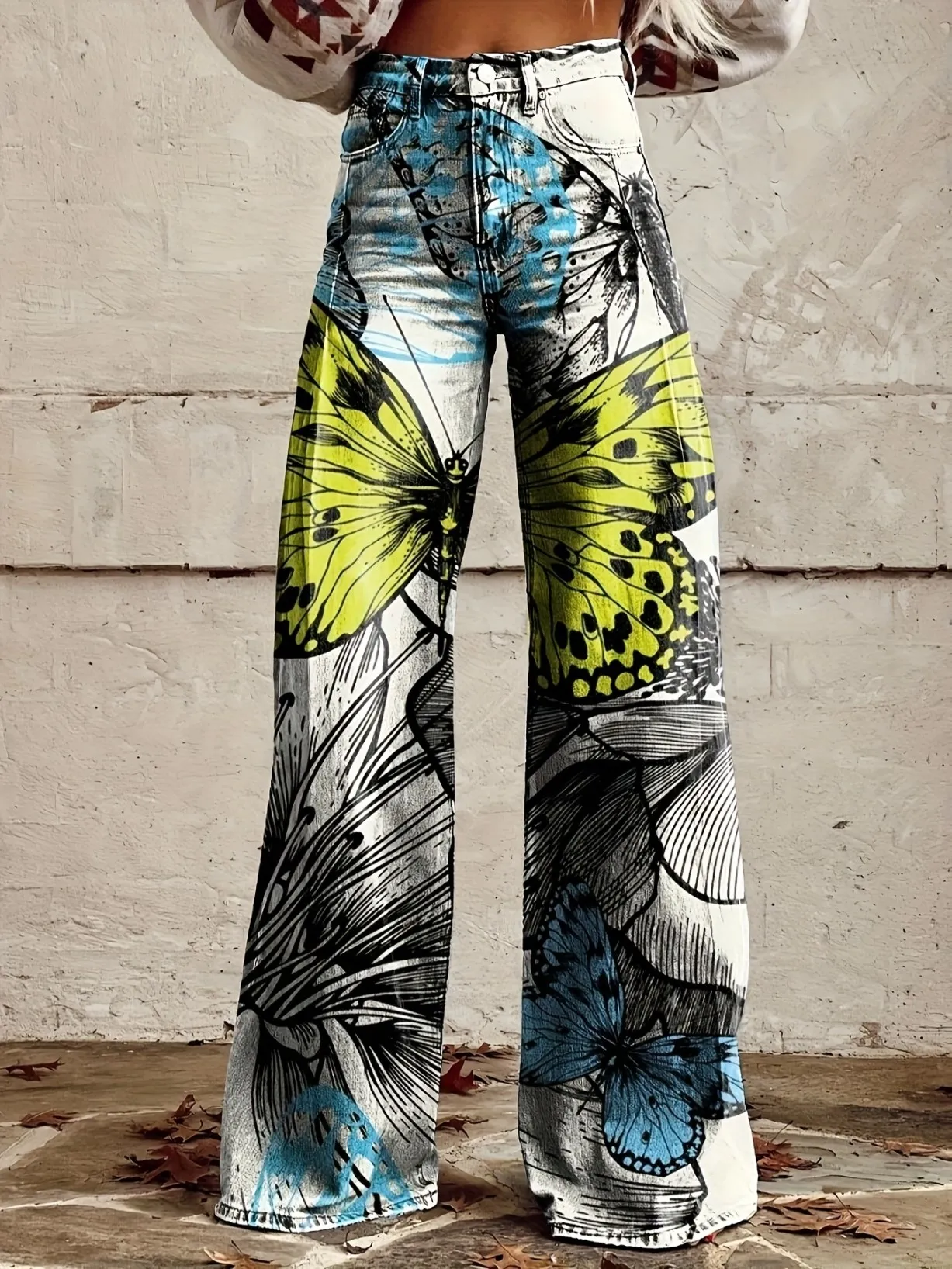 Women's fashion casual wide leg jeans, washed elastic denim versatile wide leg pants, loose and versatile