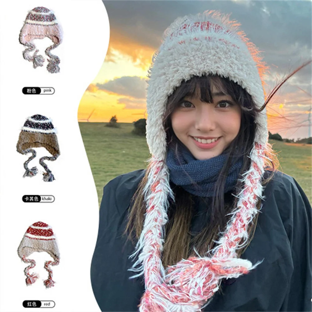 New Striped Winter Hat Women Knitted Hat With Pigtail  Warm Soft Trendy Hat Kpop Style Wool Beanie Elegant All-match Hat