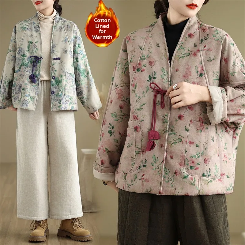 

Winter New plus Size Loose Fit Printed Cotton Jacket Women's Warm Fleece Lined Outerwear Sweet Style V Neck Long Sleeve Coat