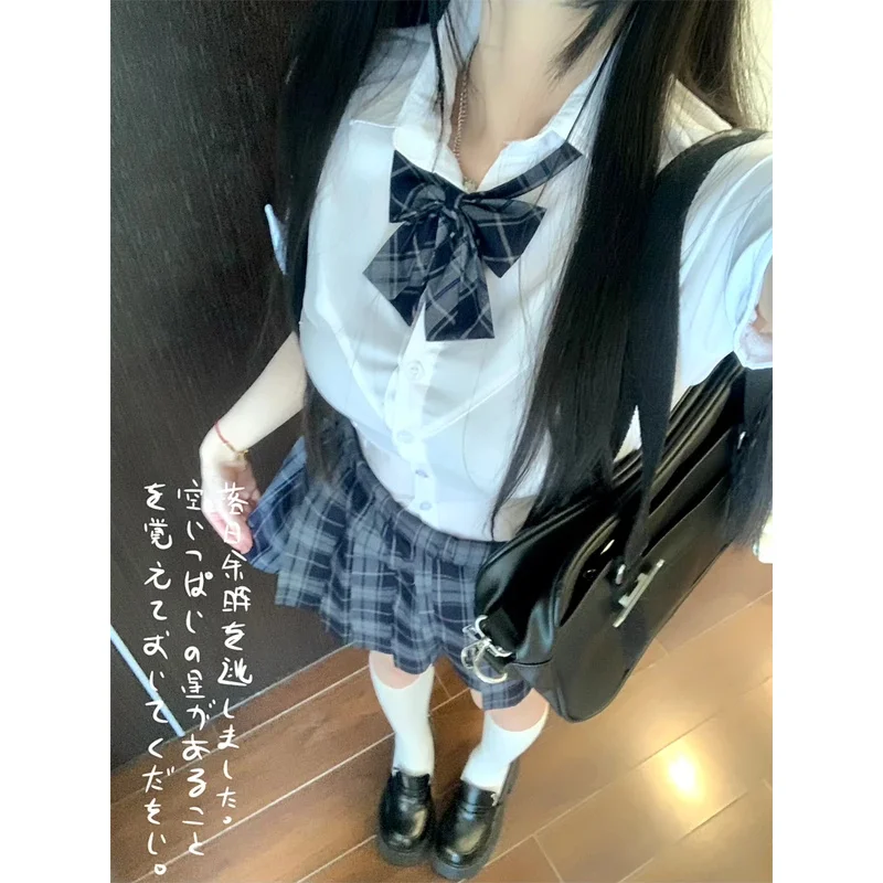 Falda de uniforme Jk Original Harajuku para mujer, conjunto de camisa elástica a cuadros corta plisada de cintura alta auténtica para perro, Sexy y ajustado