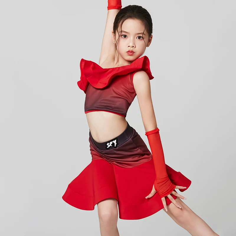 2023 New Ballroom Dance Competition Costume Girls Red Ruffled Latin Top Skirts Kids Performance Latin Dancing Clothes XS6823