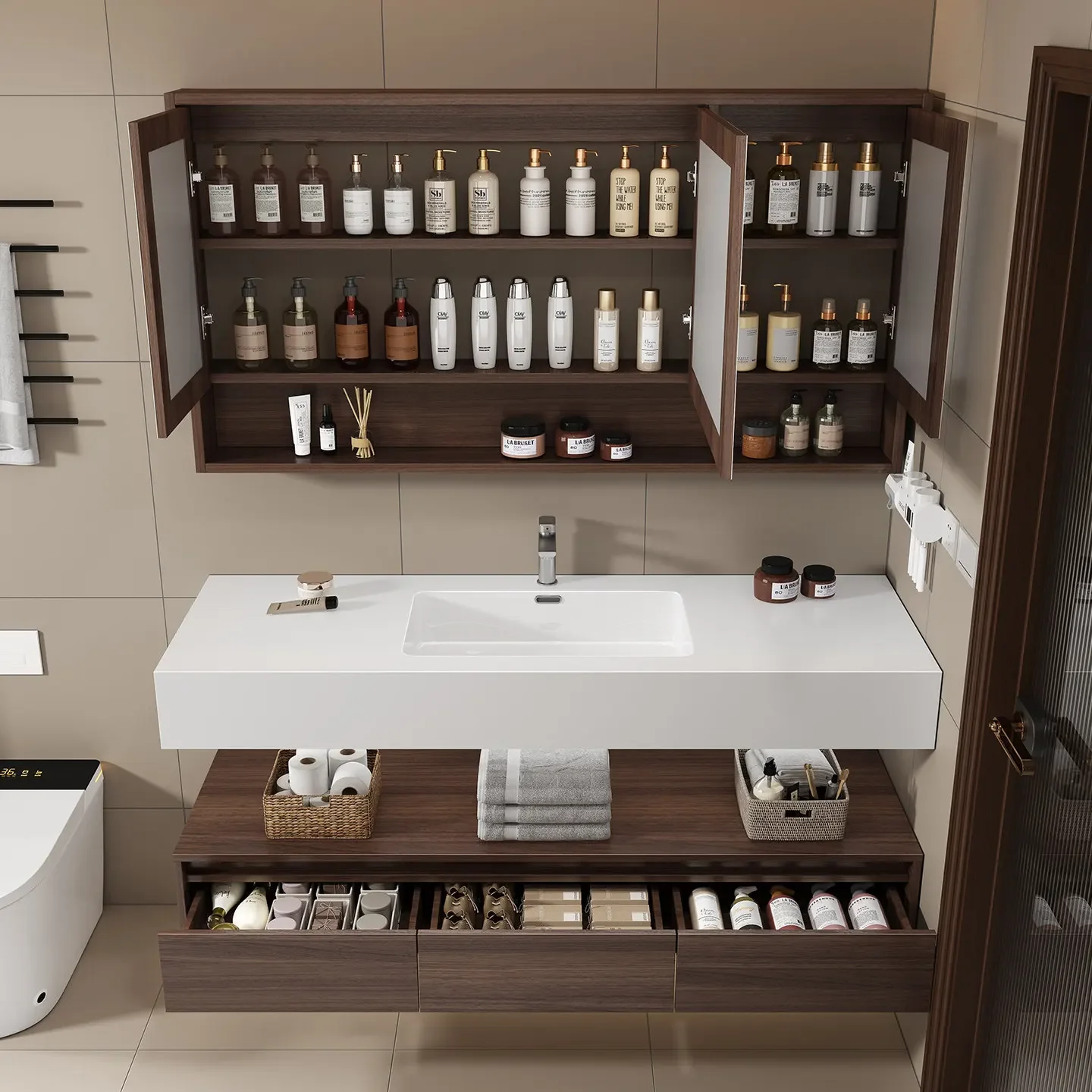 Light luxury rock slab hot bending integrated wash  cabinet combined bathroom wash basin wash basin cabinet set