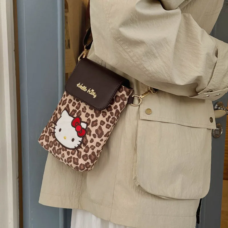Cute Crossbody Bag Hello Kitty Mobile Phone Bag Leopard Print Crossbody Bag Kawaii Fashion Retro Portable Mini Bag Girl Gift